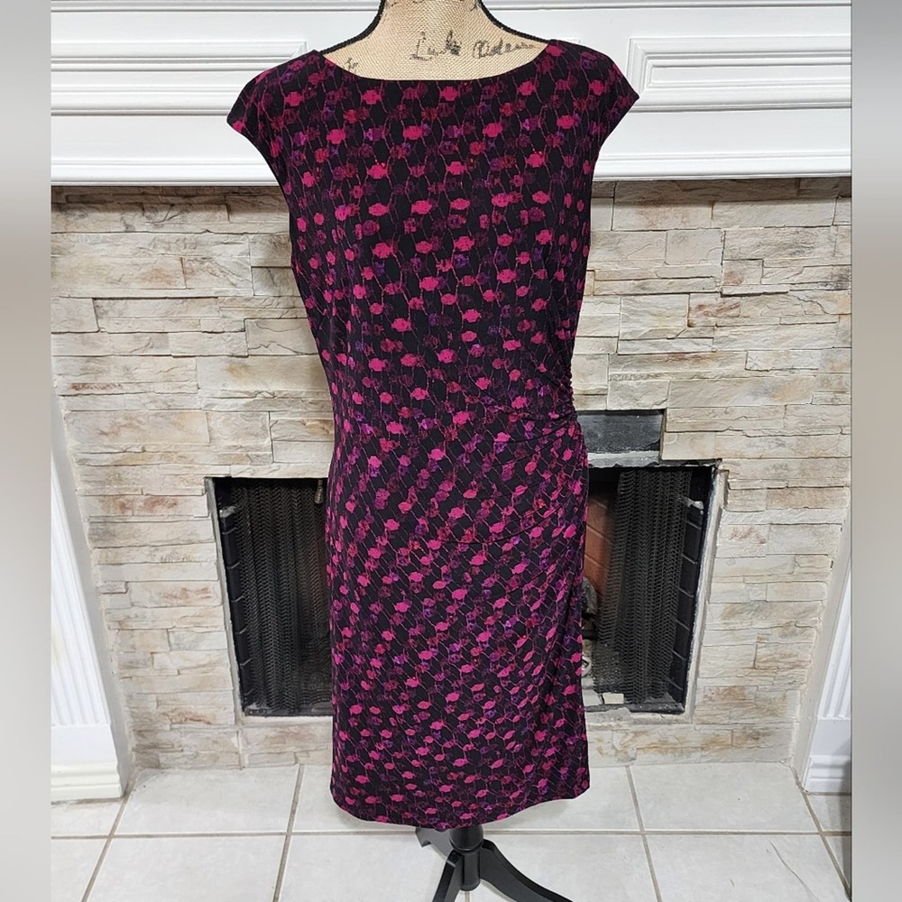 RALPH LAUREN pink and Purple Ruched Waist Cap Sleeve Stretch Dress Size 14 XL‎